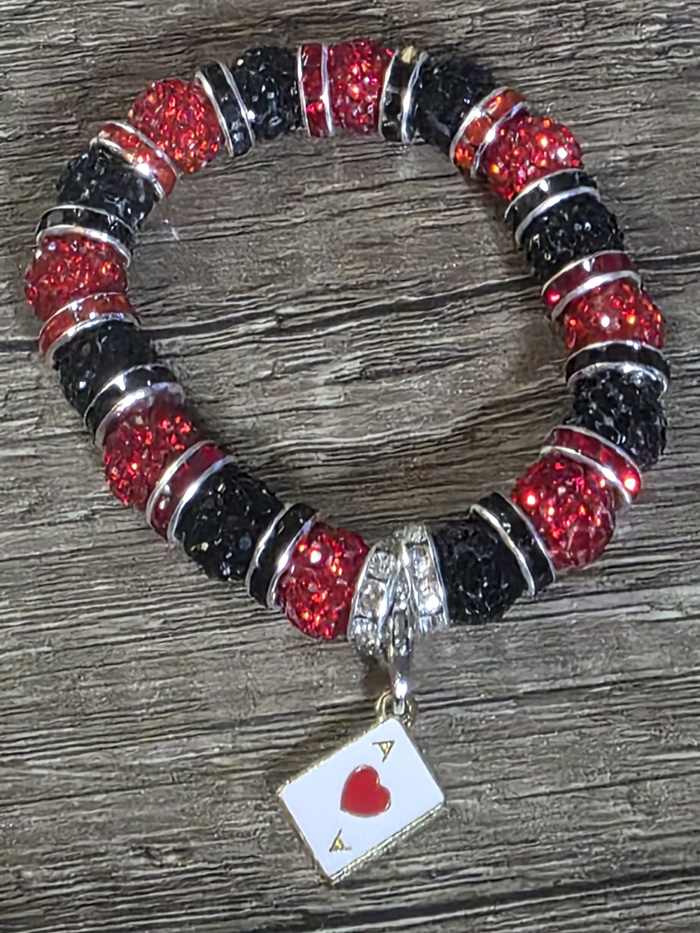 Red & Black Pave Disco Ball Bracelet with Ace of Hearts Charm